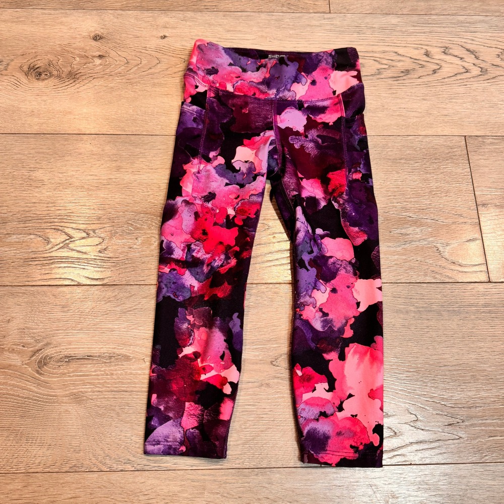 Members Mark Kids Active Legging Purple Pink Floral Print Size XS 4/5 XSmall